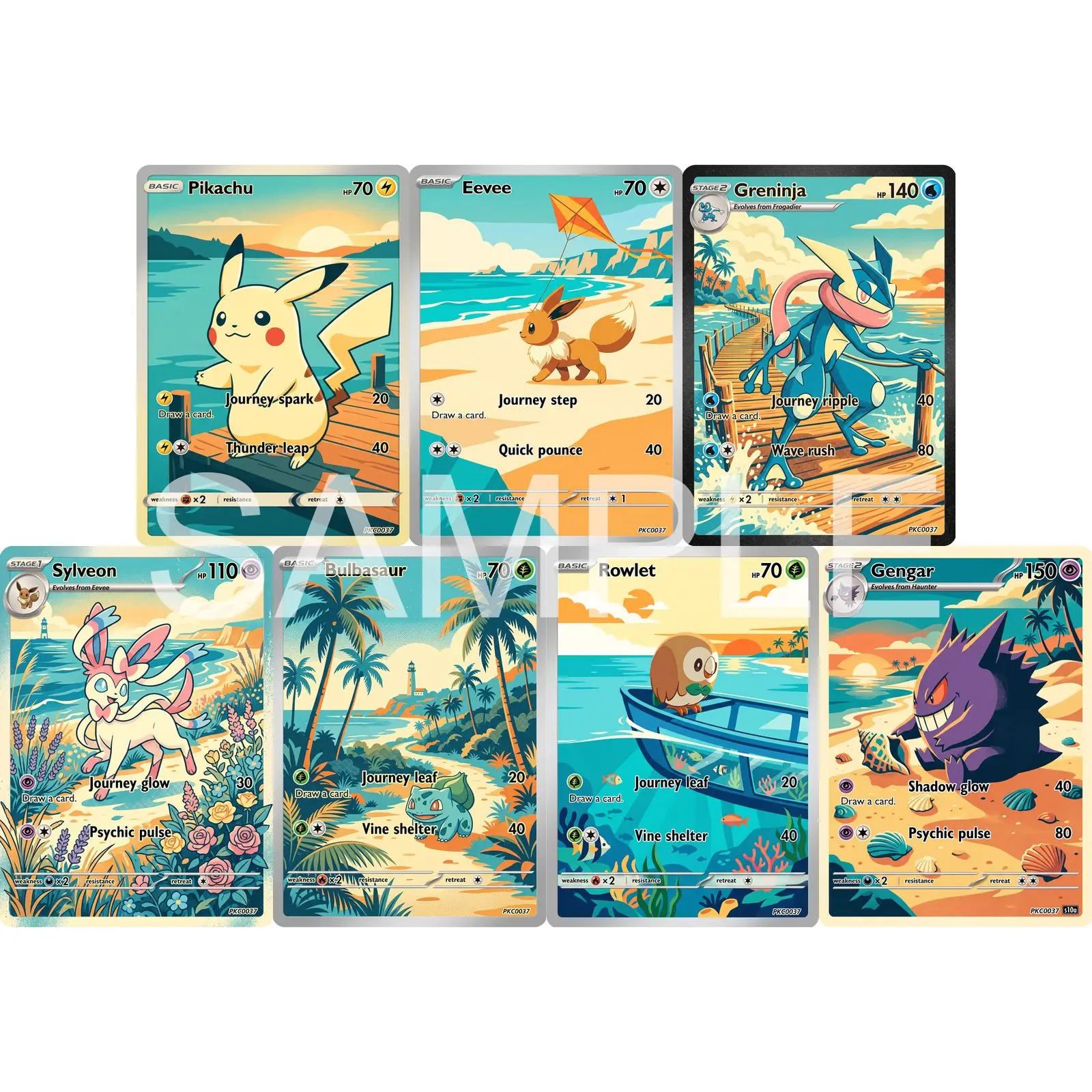 7Pcs PKM Cards PTCG Vintage Travel Poster Style Eevee Greninja Sylveon Bulbasaur Rowlet Gengar Custom Art Collection Cards PTCG