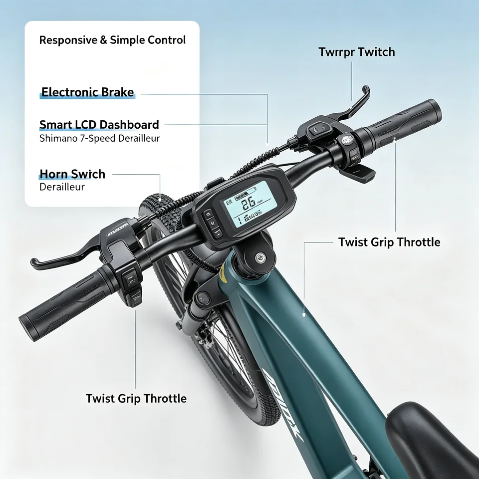 GT300‑24 Blue 24 Inch Adult Electric Bike 48V 23Ah Removable Lithium‑ion Battery Hydraulic Disc Brake Front Shock Absorber Smart LCD Display 3 Riding Modes City Commuter Mountain Ebike for Daily Travel Outdoor Recreation image 4