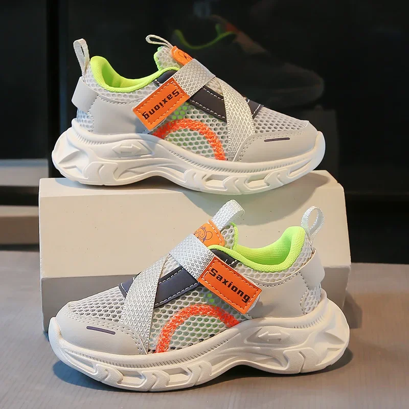 Kids Running Shoes Mesh Breathable Children Sports Shoes Hook&loop Comfortable 2025 New Students Basketball Shoes Soft Sole