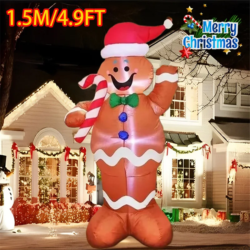 

Gingerbread Man with Cane 1.5m Christmas Decoration Inflatable Toys Built-in LED Light Indoor Outdoor Inflatable Party Ornament