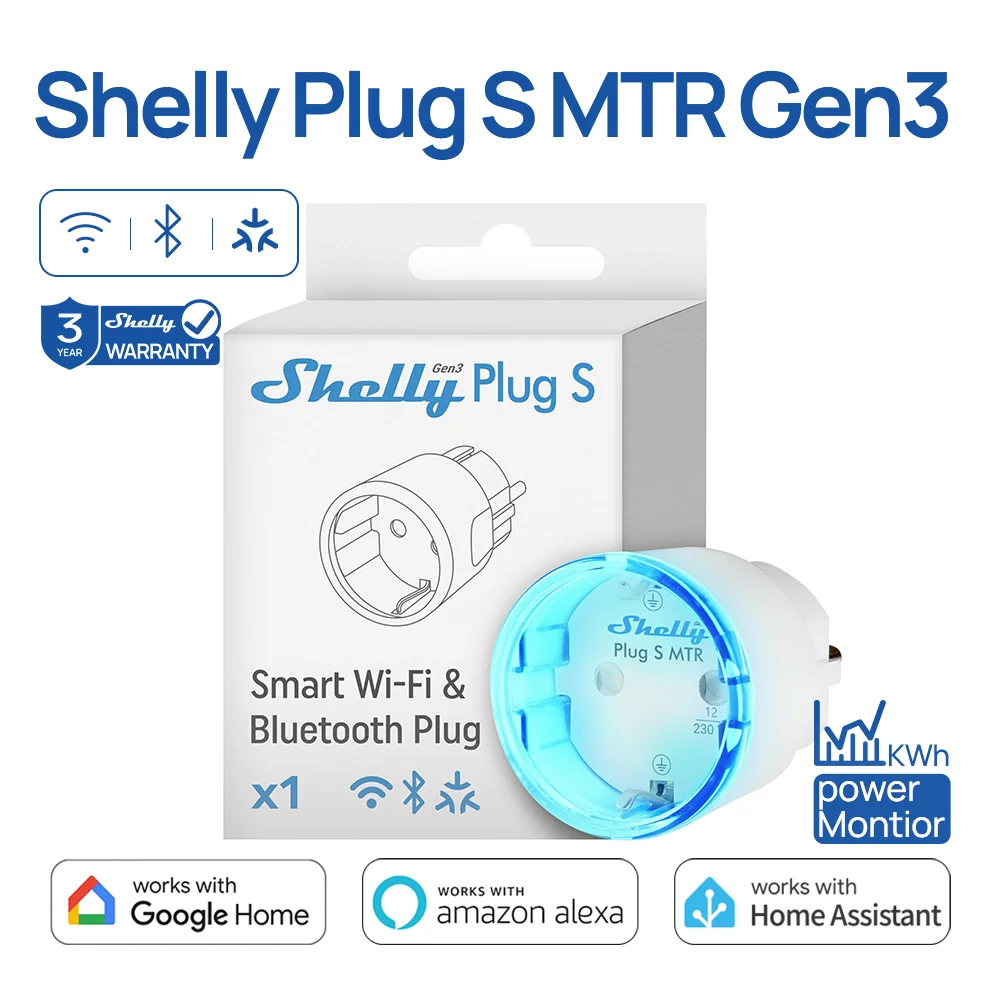 Shelly Plug S MTR Gen3 Matter Compatible Smart Socket With Power Monitoring Multicolor Indication Bluetooth Alexa Google Home