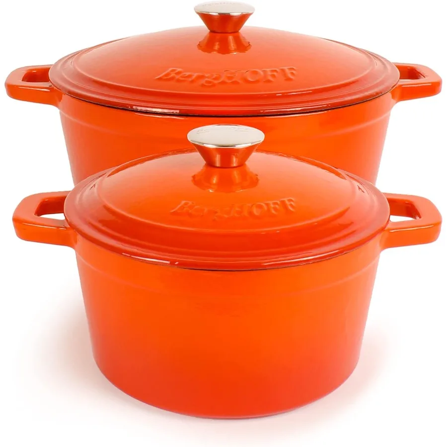 

Neo 4Pc Enameled Cast Iron Cookware Set 3qt. 7qt. Dutch Ovens Matching Lid Fast Evenly Heat Oven Safe Orange