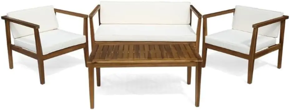 طقم دردشة من خشب السنط بأربعة مقاعد للاستخدام الخارجي مع طاولة قهوة، خشب الساج والبيج