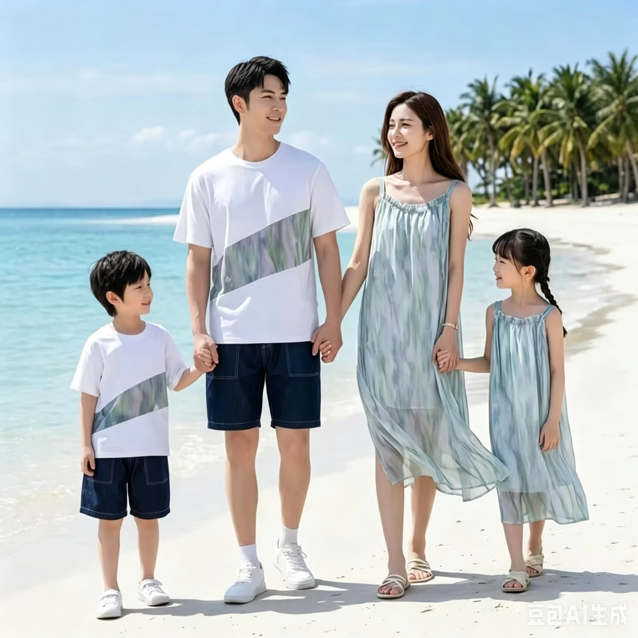 Vacation Family Couple Outfits Mom Daughter Chiffon Dress Dad Son T Shirt Denim Shorts Beach Parent Child Photo Matching Clothes