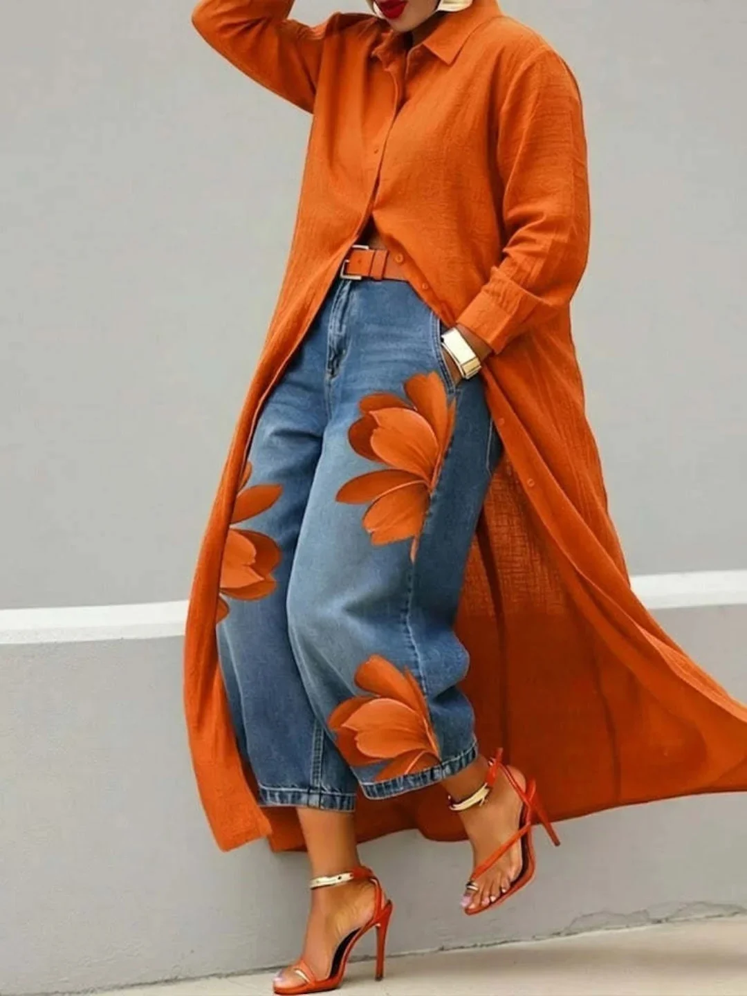 High Waist Loose Wide Leg Lantern Seven Inch Pants Women's Jeans Floral Print Retro Style Cross-Border Cotton Denim