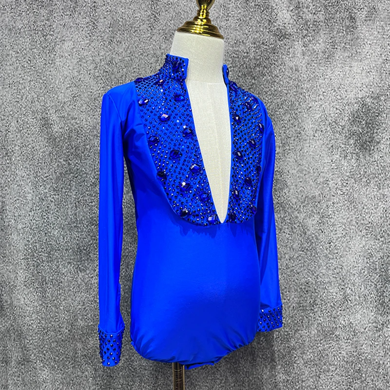 Neue Kinder Jungen Latin Dance Wettbewerb Kleidung blaue Tops Strass lange Ärmel Bodysuit Cha Cha Rumba Samba Tanz tragen dnv21008