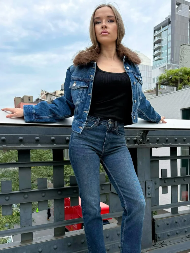 

Blue Faux Fur Patchwork Denim Jacket Casual Women Chic Lapel Single Breasted Full Sleeve Short Jackets 2026 Lady Street Outwear
