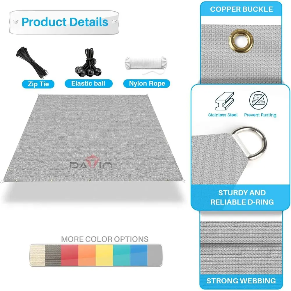 9' x 10' Outdoor UV Block Shade Cloth with Grommets, Straight Edge Sail, Grey for Pergola, Deck, Garden Activities