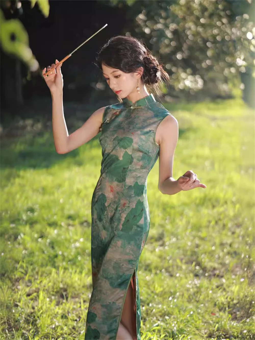 Summer New Jacquard Print Sleeveless Cheongsam Mid-length Green Lotus Split Retro Dress Female Qipao Vestidos Evening Party Gown