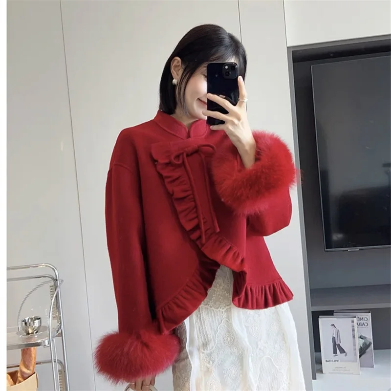 2024 autumn and winter new woolen fox fur new Chinese style overseas gold double-sided cashmere coat Chinese style women's coat