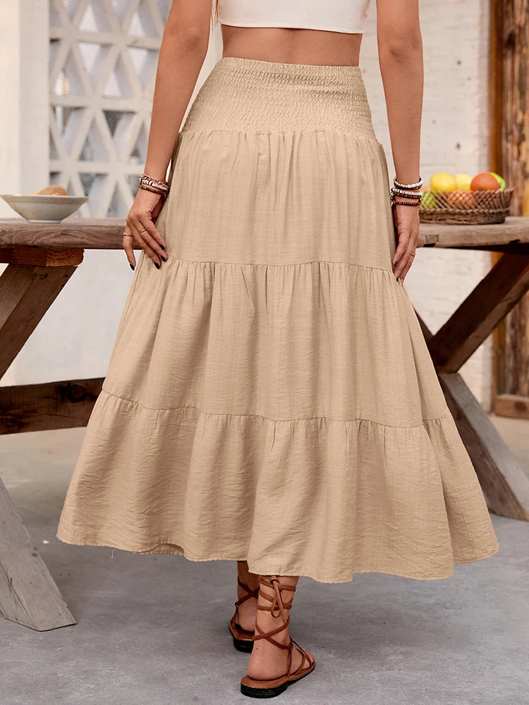 Fanan 2026 Women High Waist Skirts Casual Elegant Solid Color Bohemian Ruffled A-Line Skirt for Beach Vacation Streetwear Skirts
