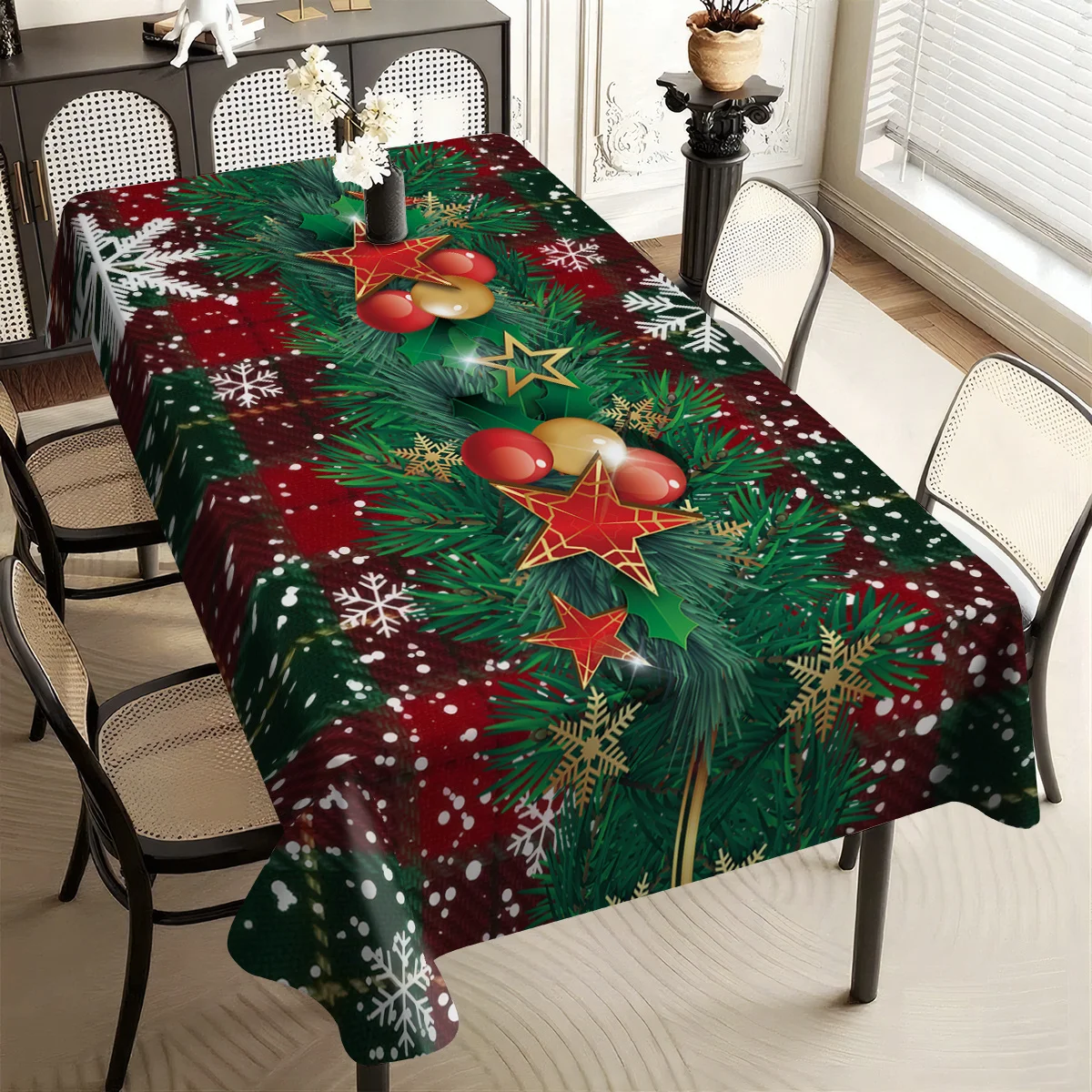 1pc Christmas Red And Black Plaid Pine Branch And Bell Print Foldable And Easy-to-Store Polyester Christmas TableclothSuitable F
