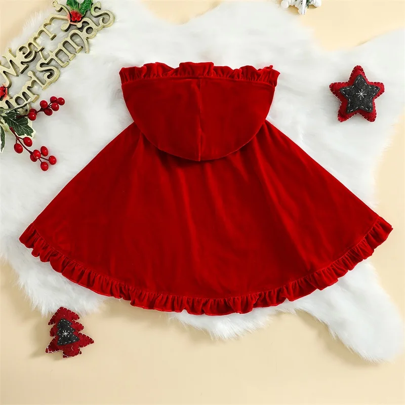 1-5years Kids Girls Cloak Soft Hooded Lacing Frills Cape With Plush Balls For Christmas Party Girls Xmas Cosplay Outwear