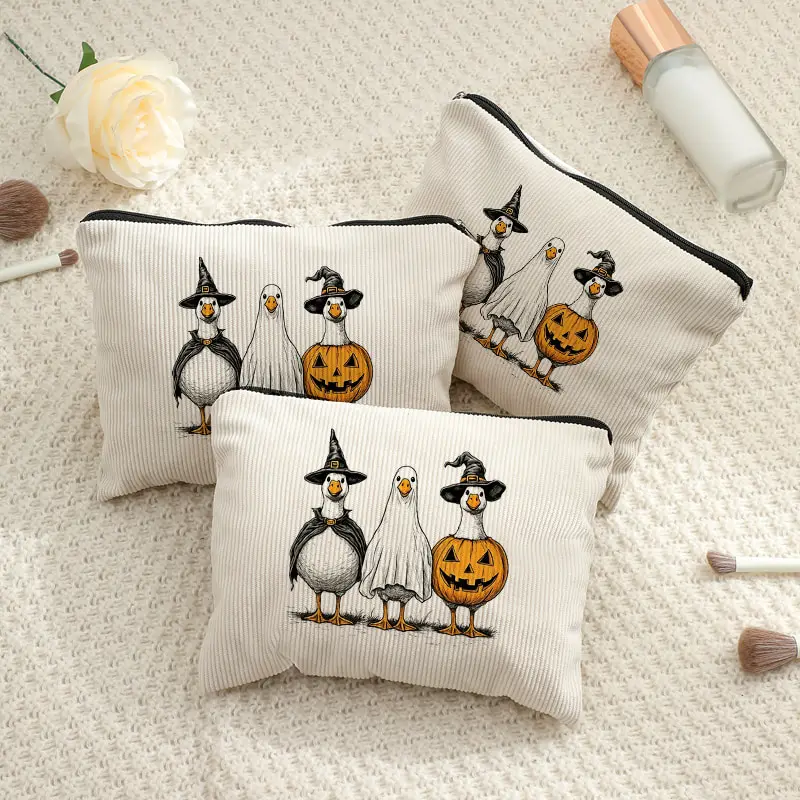 Corduroy Halloween Duck Cosmetic Bag Witch Ghost Pumpkin Duck Zipper Makeup Pouch Travel Storage Purse for Women