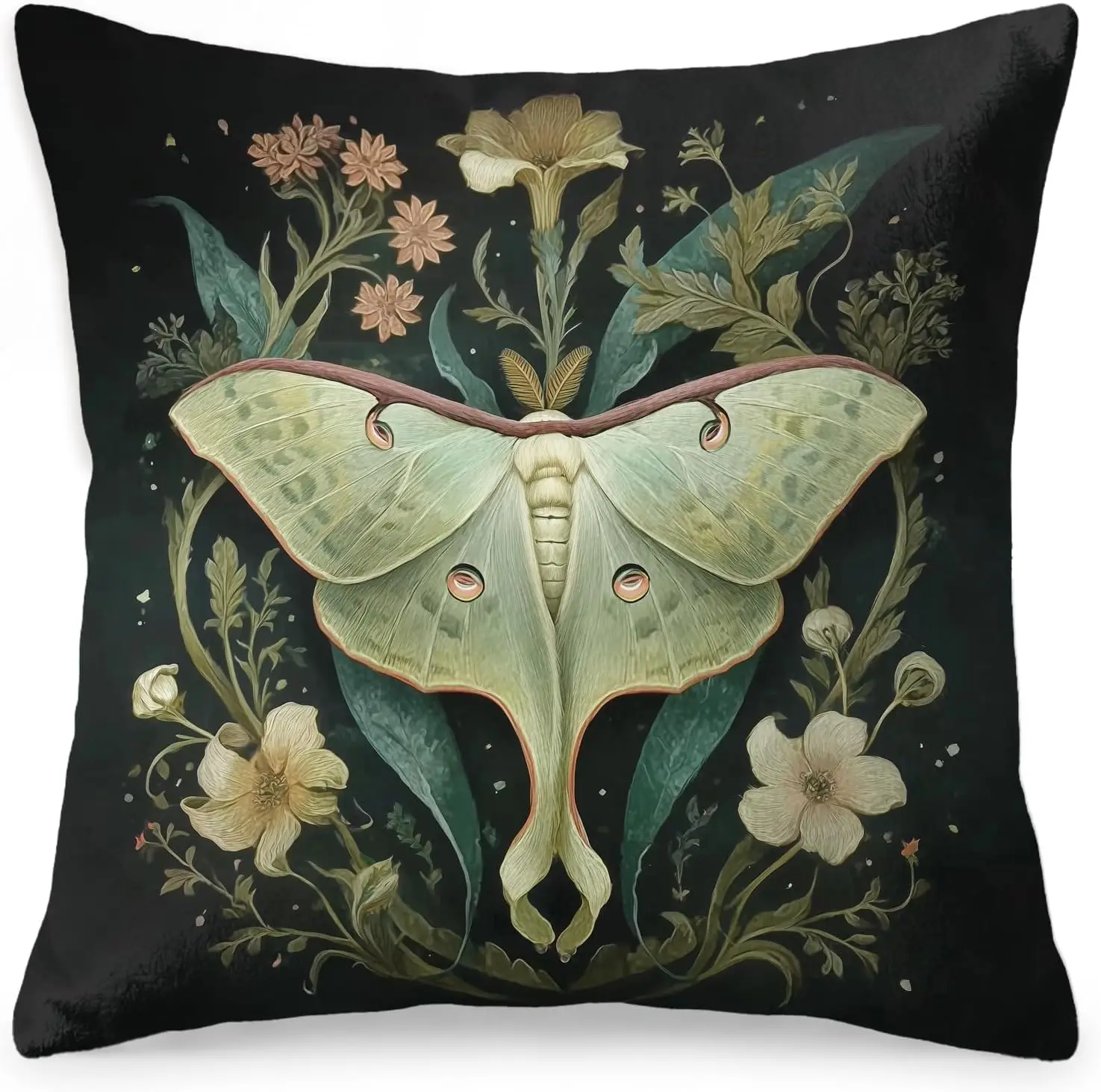 Gothic Moth and Floral Art Pillow Cover Cushion for Living Room Botanical Nature Illustration Throw 40x40cm Decorative Accent