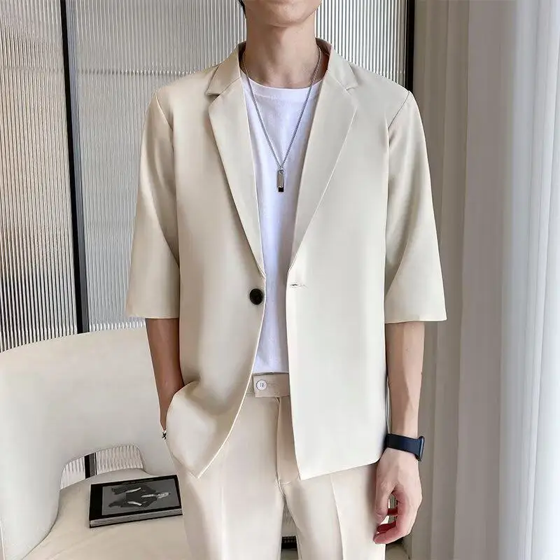 Men's Casual Short Sleeve Suit Jacket Half Sleeve Seven Sleeve Outerwear Korean Trend Standard Fit Polyester Fiber Breathable