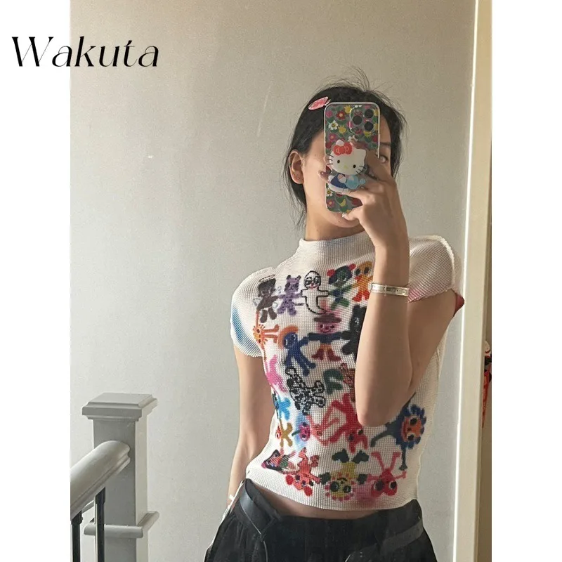 WAKUTA Personalized Pleated Tops Summer Graffiti Print Dopamine Wear Y2k Short-sleeved Tees Women Ins Korean Beauty Clothes Goth