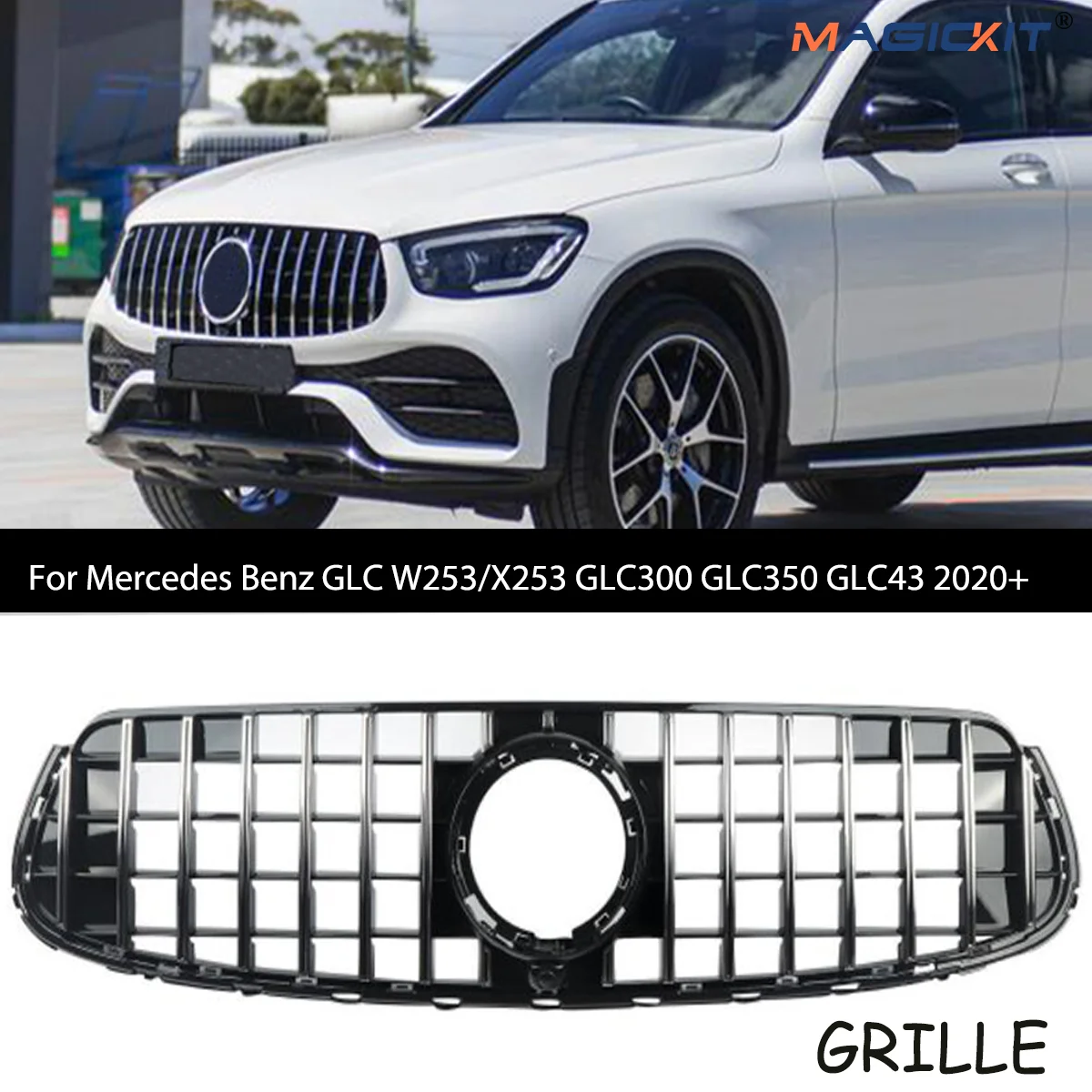 MAGICKIT For Mercedes Benz GLC W253/X253 Front Bumper Silver Grille GLC300 GLC350 GLC43 Models Black Chrome GT Grille Diamond