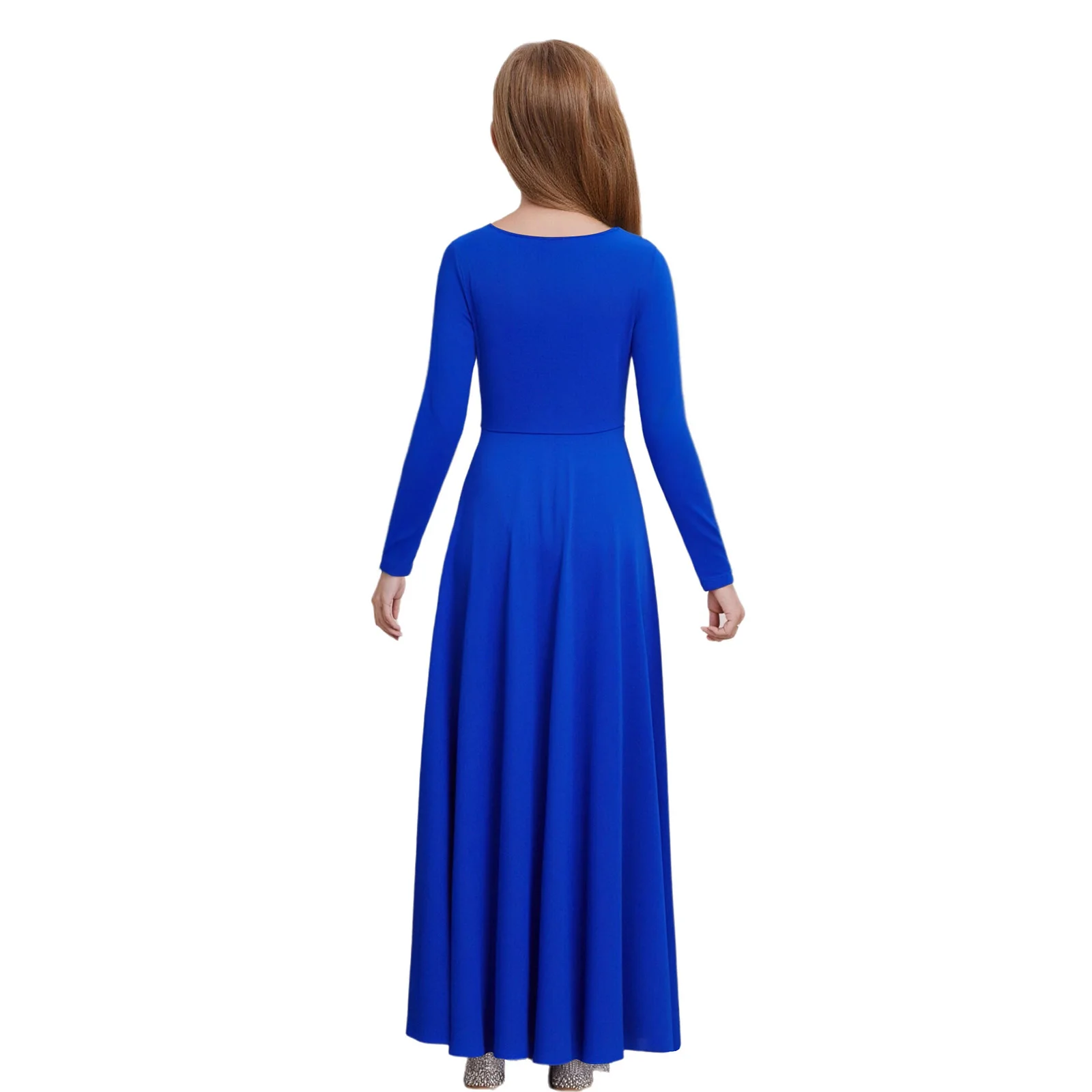 Kids Girls Liturgical Worship Dance Dress Glittery Rhinestone Long Sleeve Maxi Dress for Lyrical Praise Church Choir Performance