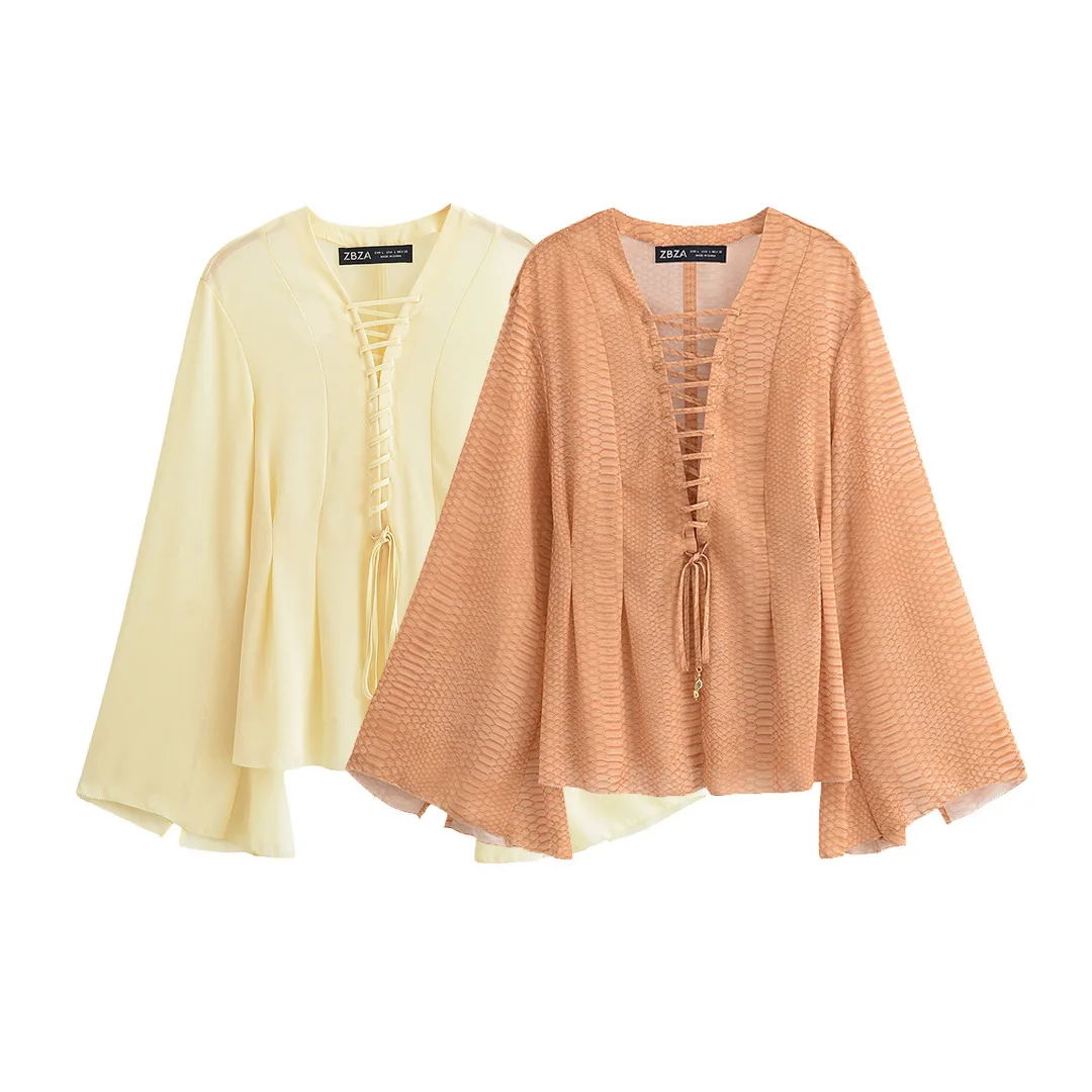Vrouwelijke Zomer Chic Solid Top Geel Ruche Lange Flare Mouw Dame Top Elegant Chiffon Lace Up Shirt Dames V-hals Losse Shirts