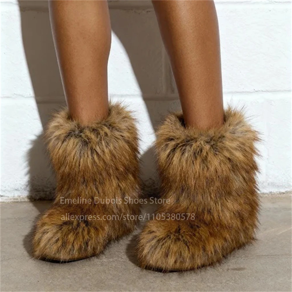 Furry Faux Fur Flat Ankle Boots Slip on Casual Short Bootie Winter Warm Snow Boot Fashion Shoes Party Street Plus Size for Women