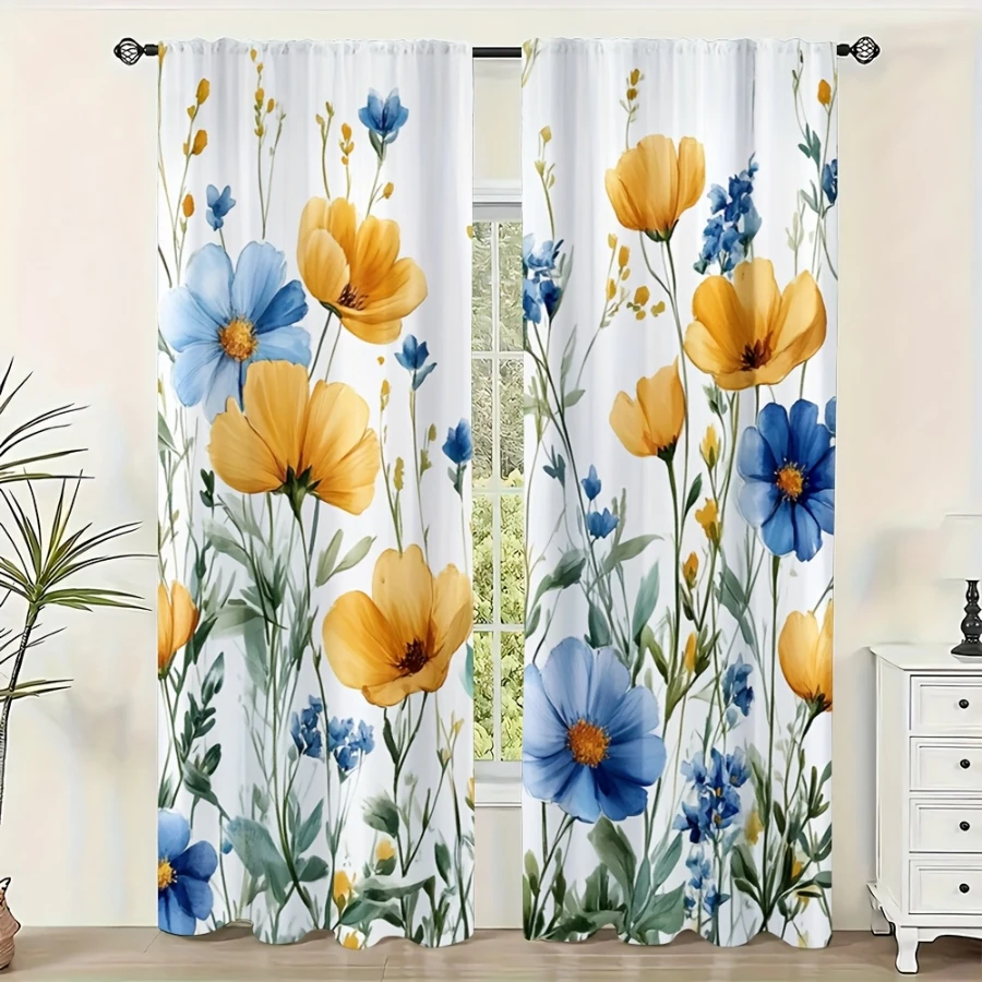 2PCS Digital Printed Curtains, Blue Yellow Wildflowers Design, Floral Flower Style for Living Room Bedroom Kitchen Home Decor