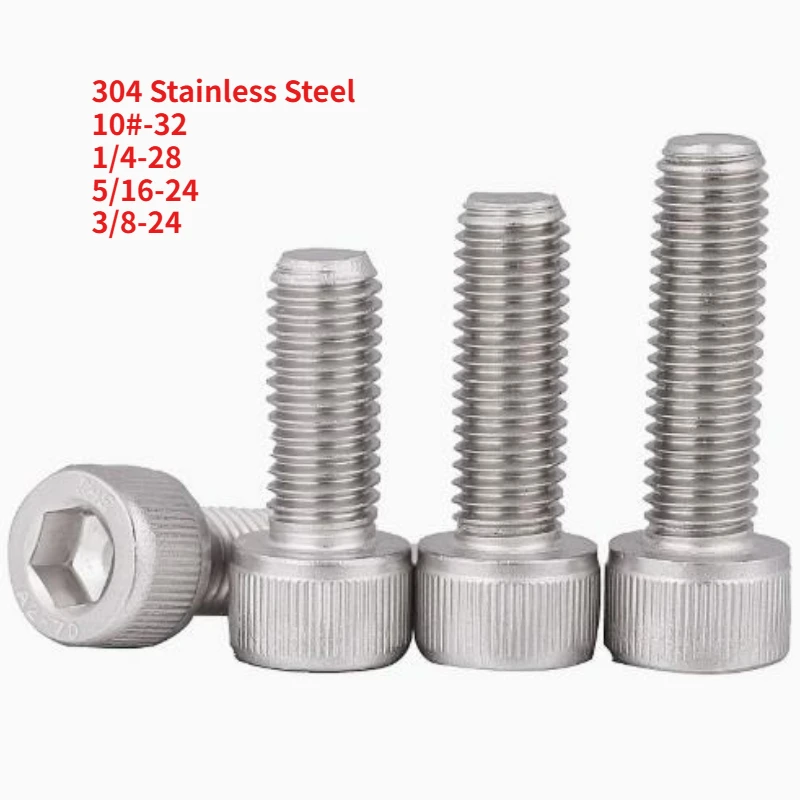 10-50PCS 10#-32 1/4-28  5/16-24  3/8-24 UNC Fine Teeth 304 Stainless Steel Hexagon Socket Head Cap Screw Allen Bolt  Full Thread