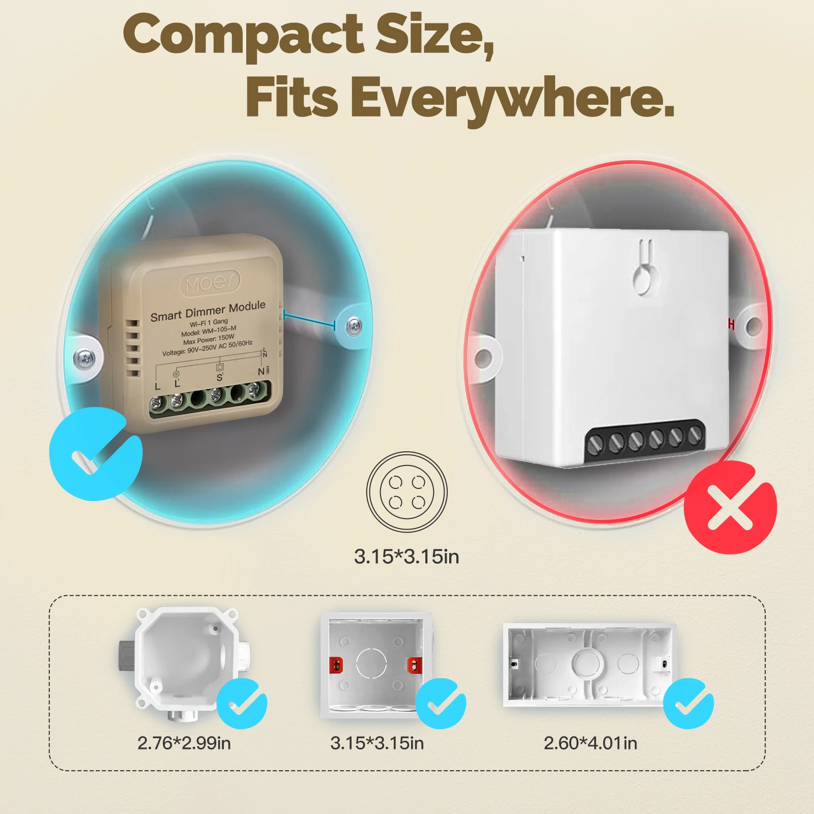 MOES WiFi Smart Dimmer Module 1‑Gang 150W In‑wall Light Dimmer Switch Timer App Voice Control Work with Tuya Alexa Google Home