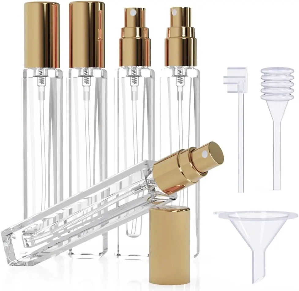 Mini botellas de perfume recargables, 5 uds., pulverizador de viaje de 10ML con herramientas dispensadoras, tapa dorada transparente