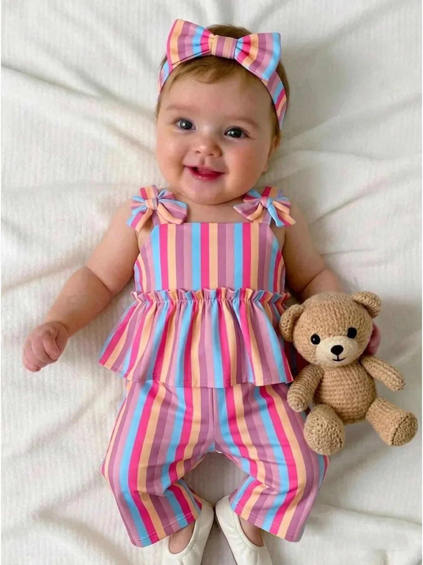 Baby's Children's Clothing Casual Thick Shoulder Strap Bow Stripe Color Block Skirt Top Elastic Waist Striped Pants Set
