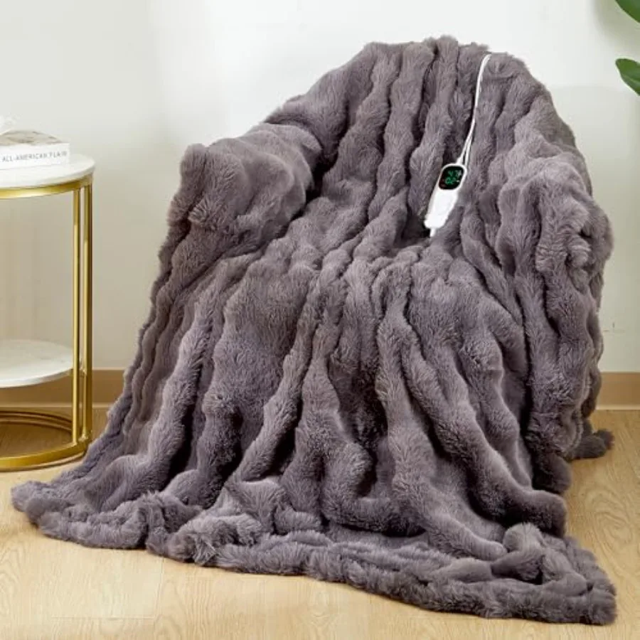 

Heated Blanket Electric Throw - Soft Cozy Faux Fur Bubble Electric Blankets with 6 Time Settings 8 Heating Levels Fast Heating