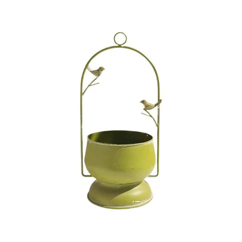 Green bird flower basket wrought iron, decorative flower pot, retro ornament green plants can hang flower pot