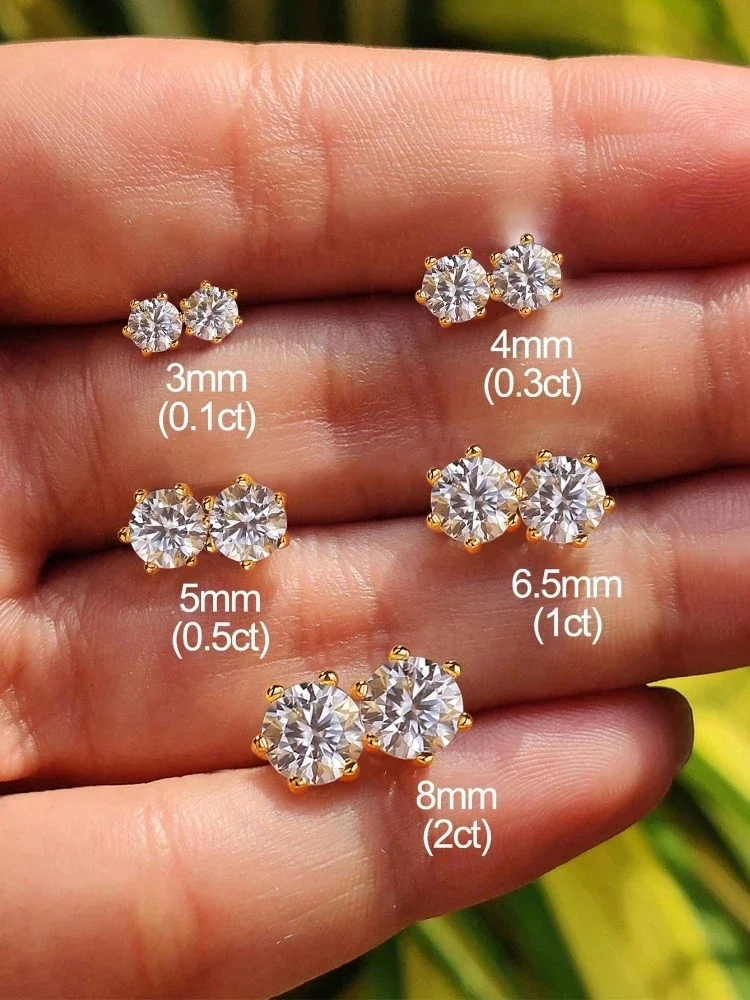 Kolczyki sztyfty z moissanitem o certyfikacie, kolor D, waga 0,1 ct - 2 ct, diament laboratoryjny, srebro próby 925 pozłacane, elegancka biżuteria ślubna. — zdjęcie 7