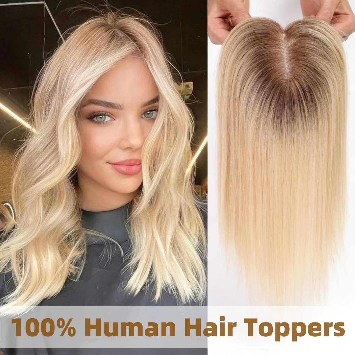Blonde Ombre Human Hair Toppers 100% Real Remy Human Hair Lace Base Clip In Hair Pieces for Women with Thinning Hair Daily Use