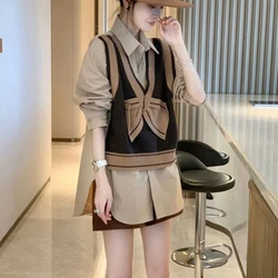 Autumn New High-end Knitted Fake Two-piece Shirt for Women in Plus Size Fashionable and Stylish Design Spliced Long Sleeved Top