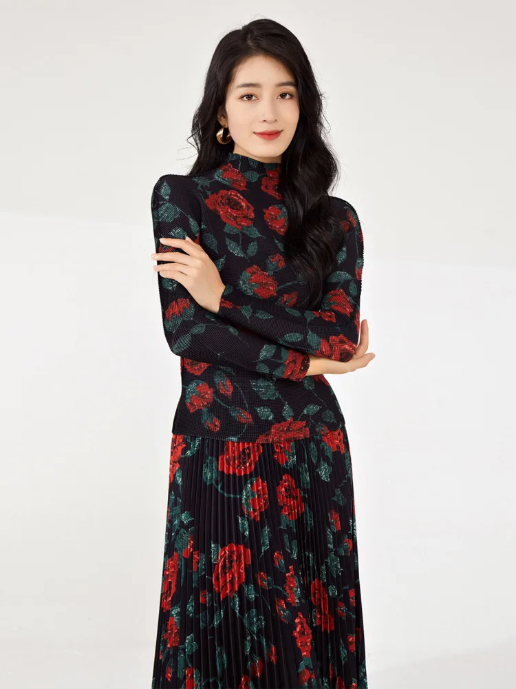 LANMREM Flower Print Sets For Women Pleated T-shirt Long Sleeves With A Line Skirts Elegant Clothing 2024 Summer New 2DA6510