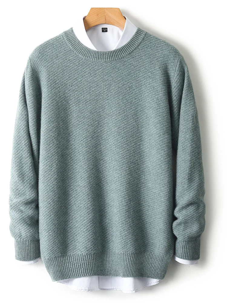 Men’s Casual Loose Autumn Winter Thick O-Neck Solid Pullover 100% Merino Wool Knitted Sweater Soft Warm Clothing Top