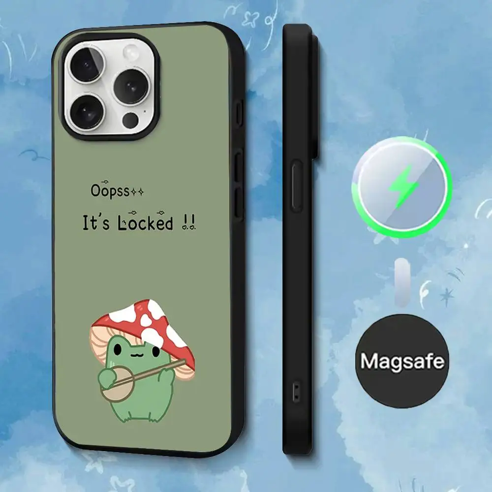 حافظة هاتف Green The Frog Mushroom لهاتف iPhone 17,16,15,14,13,12,11,Pro,Max,Plus,Mini,SE4,E شحن لاسلكي مغناطيسي Magsafe