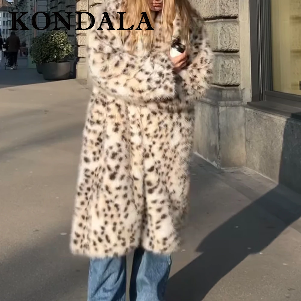 

KONDALA Chic 2025 зимнее теплое женское пальто из искусственного меха с леопардовым принтом, роскошная уличная одежда, свободная модная верхняя одежда, женское элегантное длинное пальто