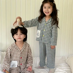 Boys girl pajamas home clothes pure cotton plaid 2024 new autumn long sleeved set comfortable trendy