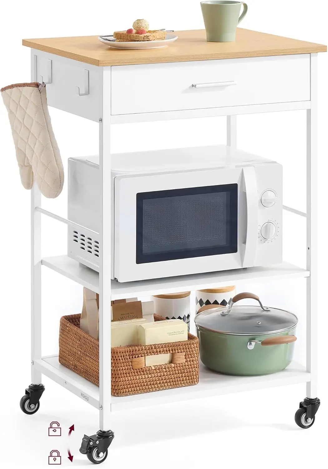 

Mobile Kitchen Cart with Storage, Wheels, Drawer & Hooks, Oak Beige & White, 17.7x23.6x35.4 Inches for Dining Room