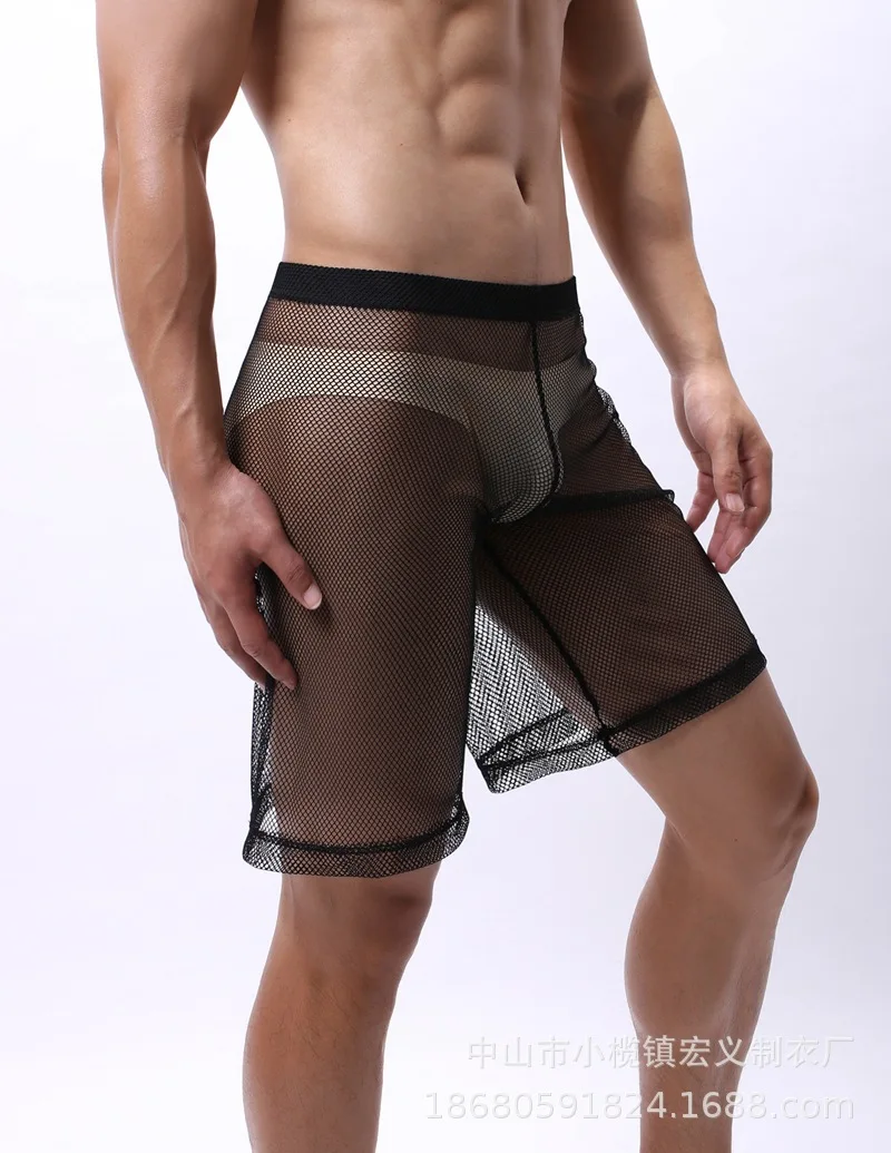 

Extended Men's Boxy Underwear Long Boxers Shorts Fishnet Mesh Transparet Underpants Homme Thin Elastic Long Pant Nightclub Trunk