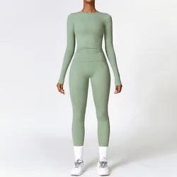 Ensemble d'entraînement de yoga sans couture pour femme, vêtements de sport, fitness, haut court à manches longues, leggings taille haute, olympiques de sport, 2 pièces