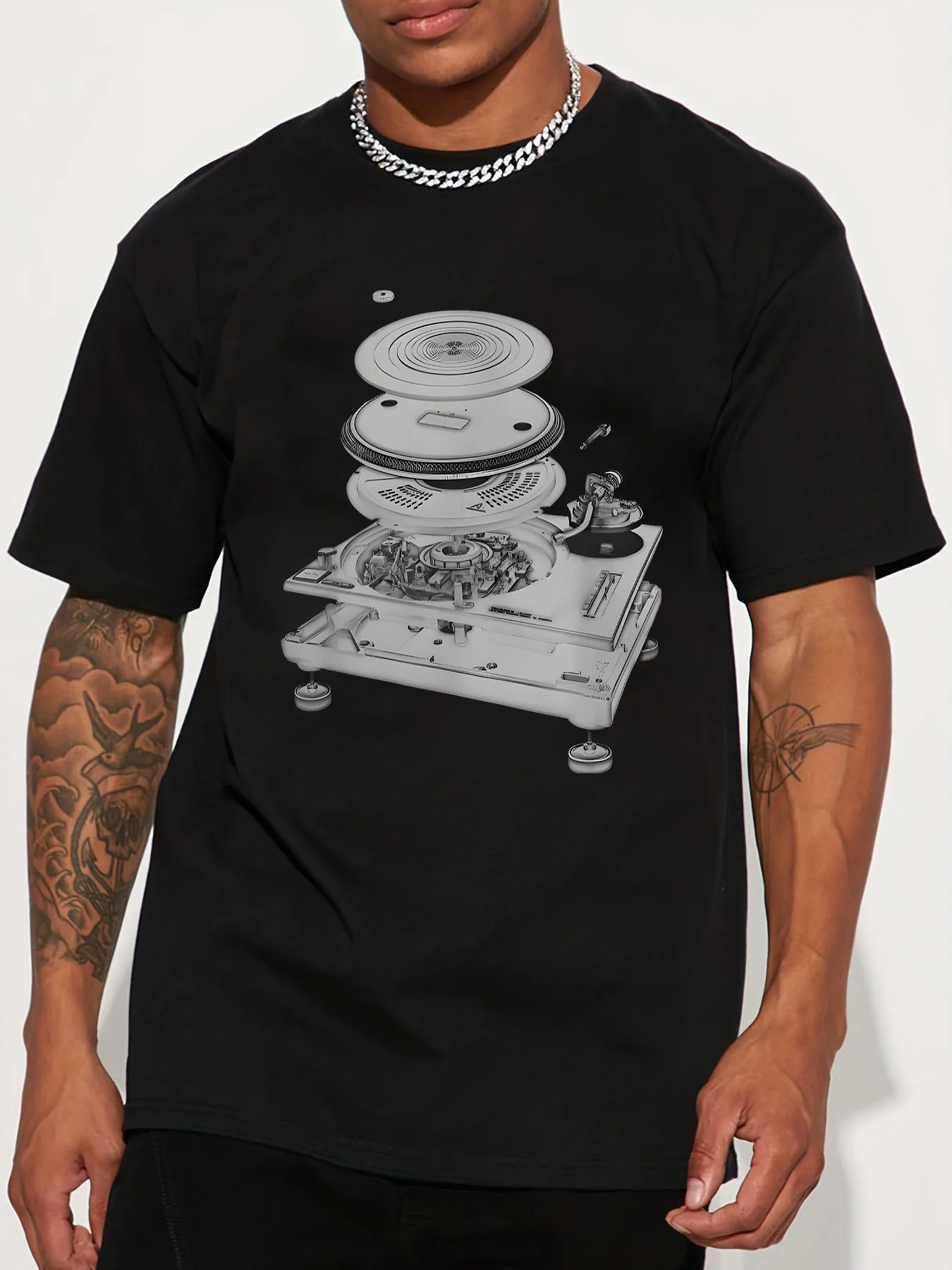 

Мужская футболка с рисунком виниловых пластинок — белая повседневная летняя футболка с проигрывателем и принтом усилителя, унисекс в уличном стиле