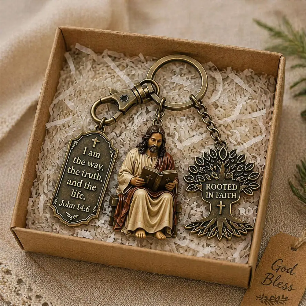3-in-1 Keychain 3-in-1 Jesus Reading Keychain Vintage Scripture Charm Christian Car Key Ring Handbag Accessory Gift