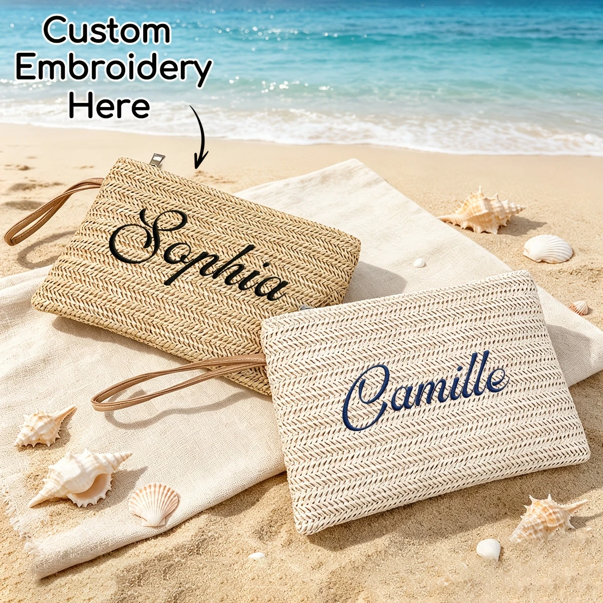 Embroidered Bohemian Style Straw Handheld Pouch, Detachable Wrist Strap Multi-purpose Storage Bag, Ideal Gift for Beach Vacation