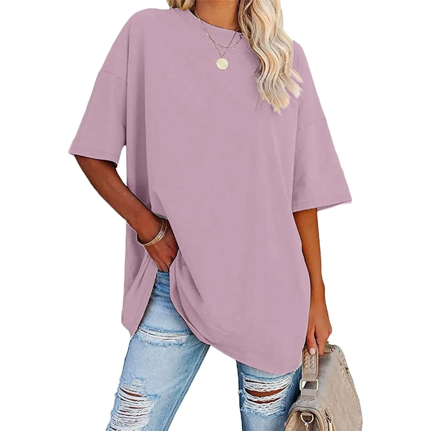 

Womens Summer Casual Loose T-Shirt Short Sleeve Crewneck Solid Color Basic Tee Oversized Tunic Tops