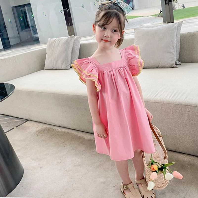 Girls Dress Flying Sleeves Square Collar Sweet Dress Princess Vestidos 2022 Summer New Baby Kids Clothes Children'S Clothing