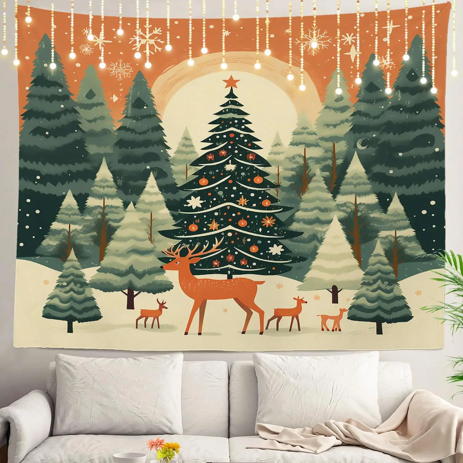 Giant Christmas Forest Tapestry Winter Woodland Decor Reindeer Deer Holiday Wall Hanging 180x230cm