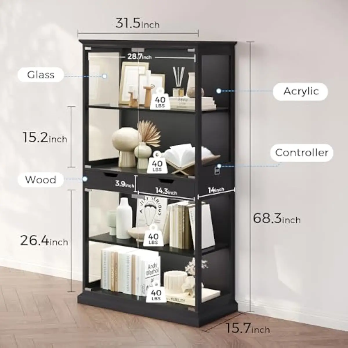 Display Cabinet with Glass Doors, 4-Tier Curio Cabinet with with 2 Drawers for Collectibles, Modern Glass Display Case Human Bod